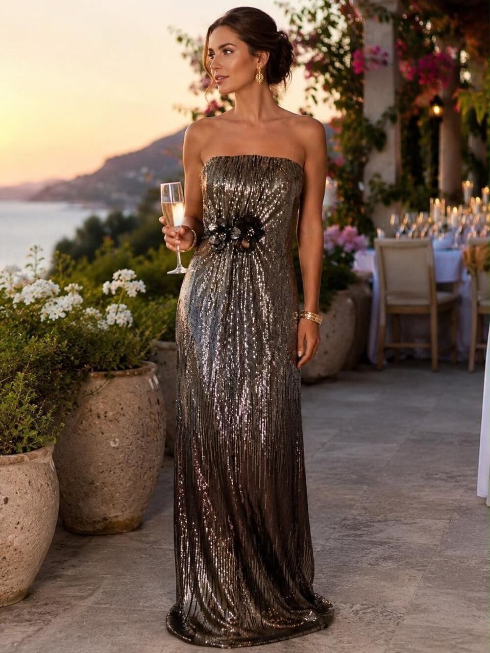 Badgley Mischka Collection Bronze Sequined Strapless Gown Dress Size 10
